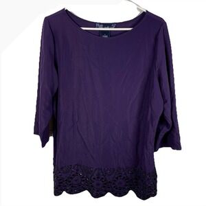 Susan Graver Tunic Top Liquid Knit Women L Purple & Black Beaded & Scalloped Hem
